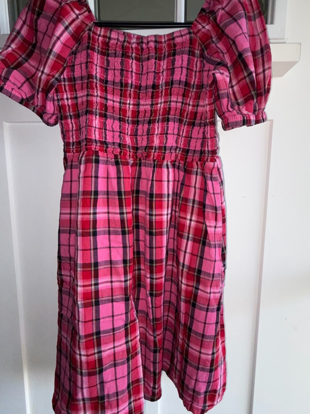 Old Navy Pink Red Plaid Puff Sleeve Dress